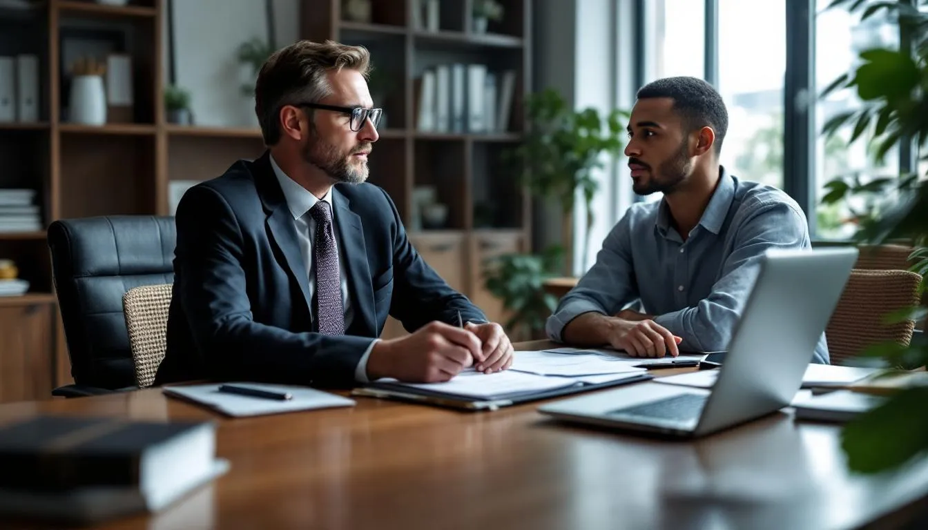 An experienced motorcycle accident attorney is meeting with a client to review important case documents related to their motorcycle accident claim. The discussion focuses on the client's injuries, medical treatment, and the potential for seeking fair compensation for their personal injury case.