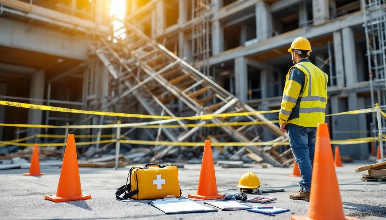 The image depicts a workplace accident scene, featuring safety equipment such as helmets and gloves, alongside investigation materials like incident reports and documentation. This scene highlights the importance of occupational safety and the necessary steps to address workplace injuries and prevent future accidents.