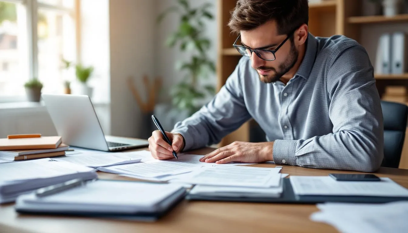 A person is sitting at a desk, focused on filling out legal forms with various paperwork scattered around. This scene highlights the importance of understanding workers compensation claims for those injured at work, as they navigate the process of securing benefits and medical treatment for work-related injuries.