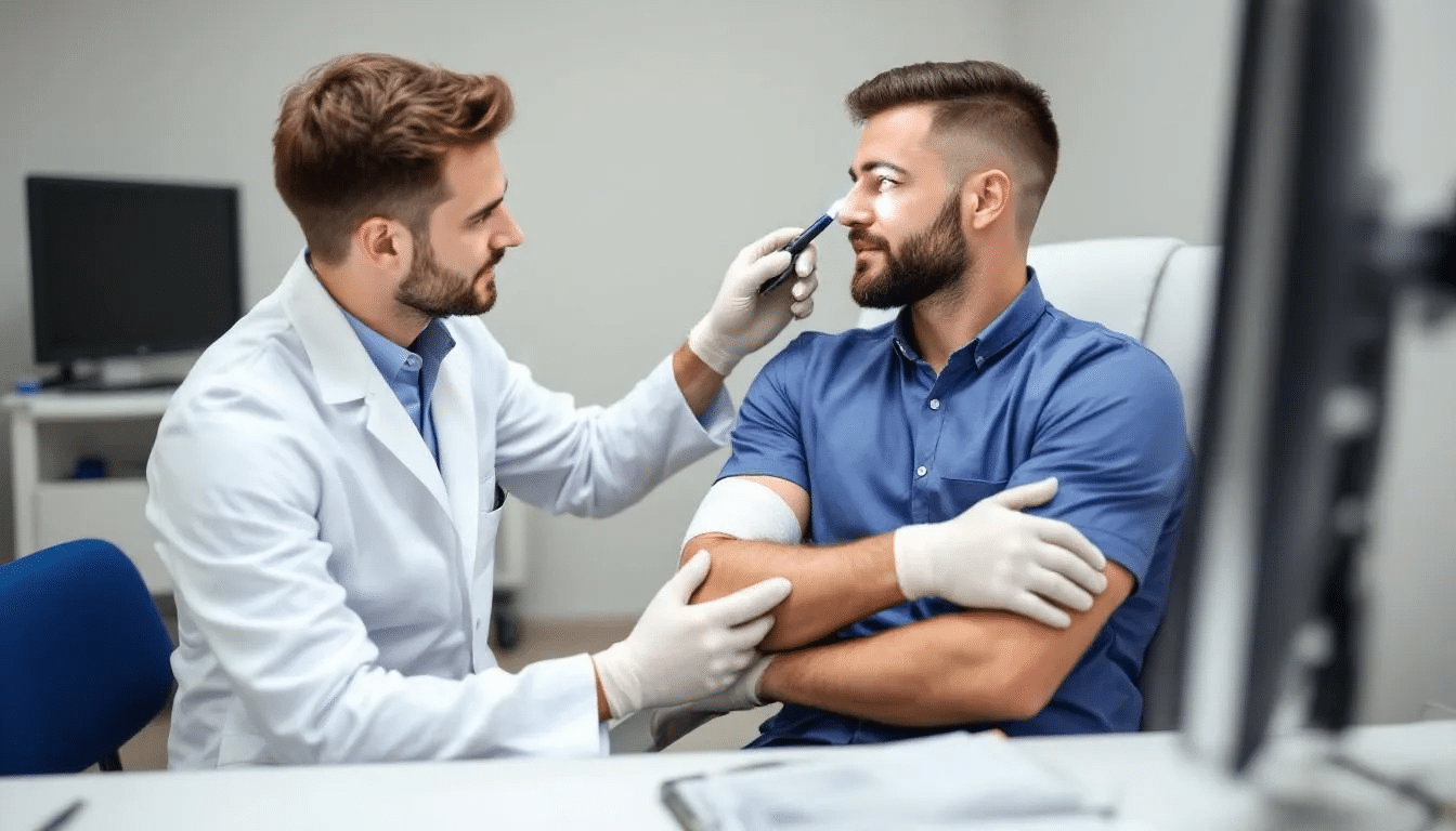 A medical professional is examining an injured worker in a clinic, assessing their condition after a workplace injury. This scene highlights the importance of medical treatment for employees who have been injured at work and may need to file a workers compensation claim to obtain compensation for their medical expenses and lost wages.