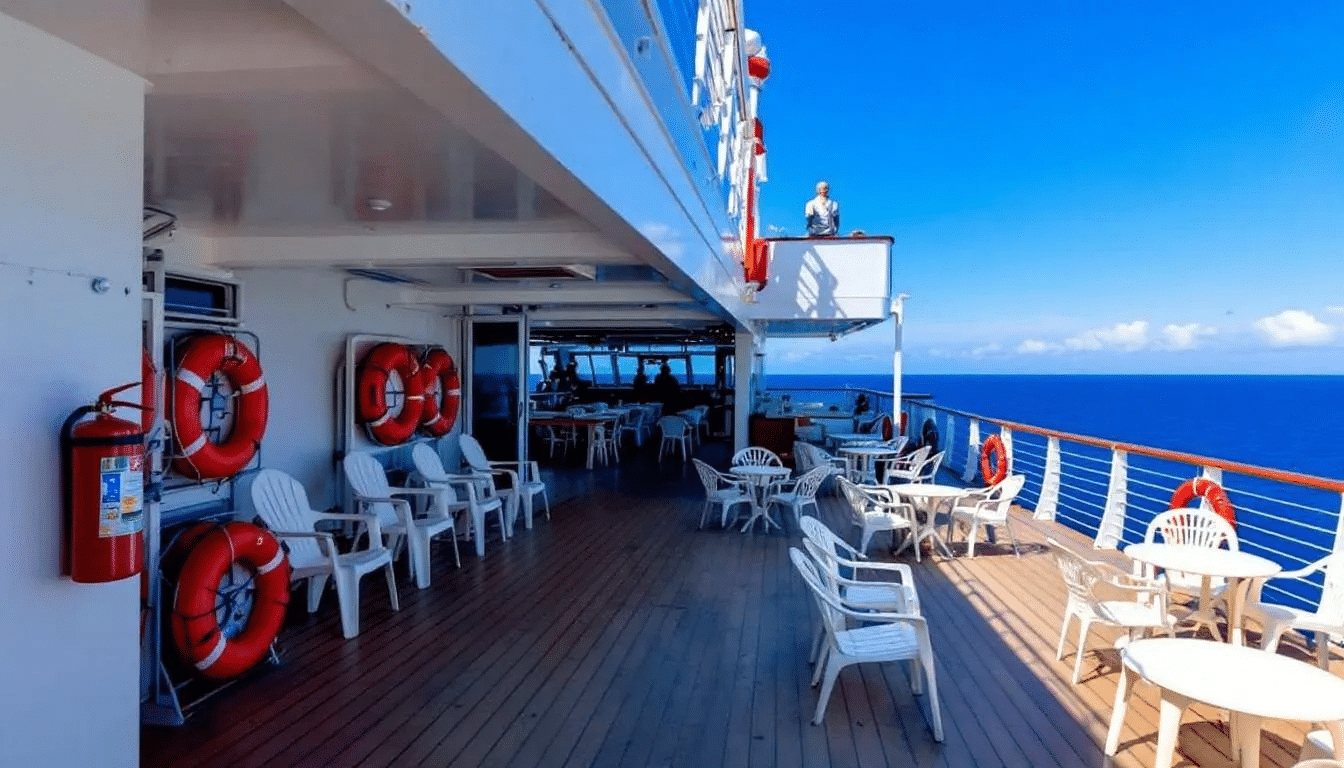 Cruise Ship Accident Lawyer: Expert Legal Representation for Maritime Injuries 6 The image depicts a cruise ship deck area featuring various safety equipment, such as life vests and lifeboats, alongside comfortable passenger seating areas. This setting emphasizes the importance of passenger safety on cruise ships and the potential for cruise ship accidents that may require legal assistance from experienced cruise ship lawyers.