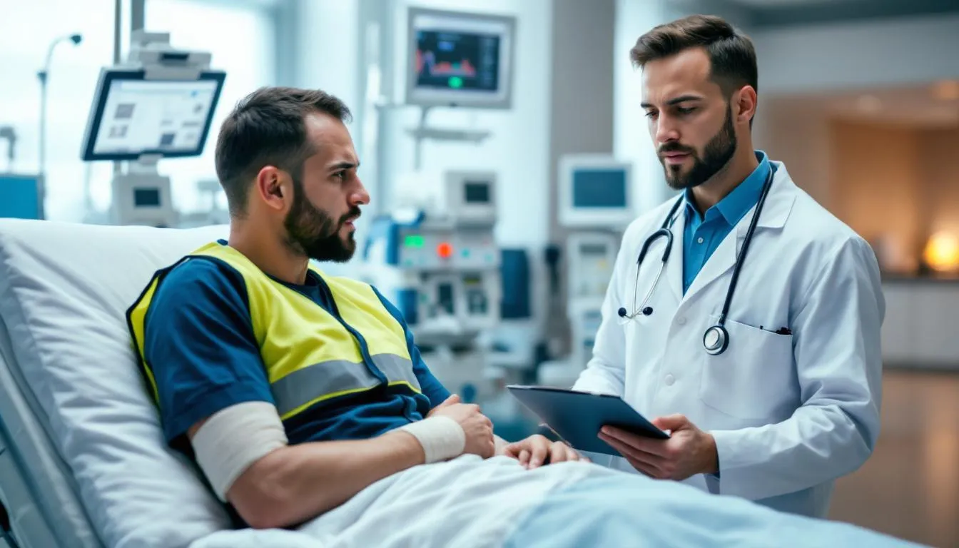 A medical professional is providing treatment to an injured worker in an emergency room setting, focusing on the specific injuries sustained during a workplace accident. The scene highlights the urgency of medical attention in a medical facility, emphasizing the importance of timely care to prevent future incidents and ensure the safety of employees.