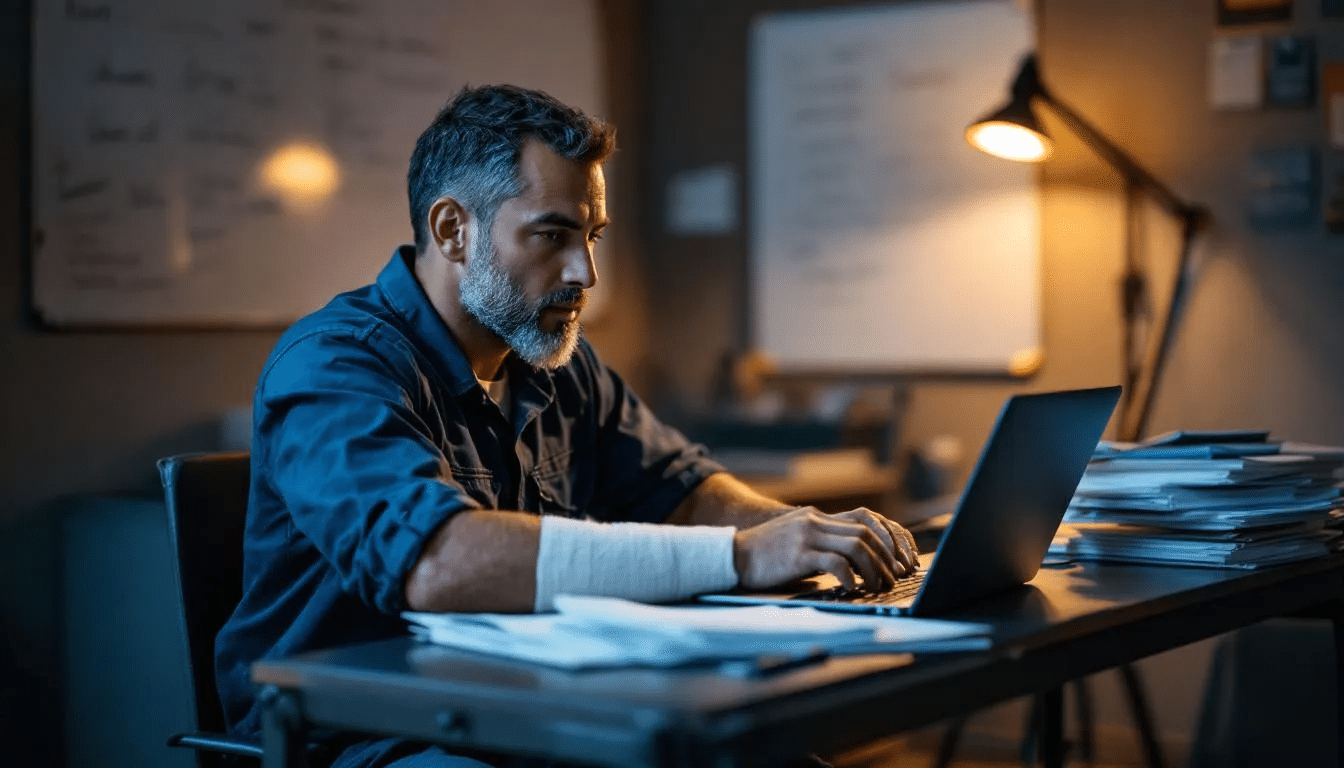 An injured worker sits at a desk, meticulously organizing detailed records and documentation related to their workplace injury. This preparation is crucial for filing a workers compensation claim and ensuring they receive the necessary medical benefits and support after being hurt at work.
