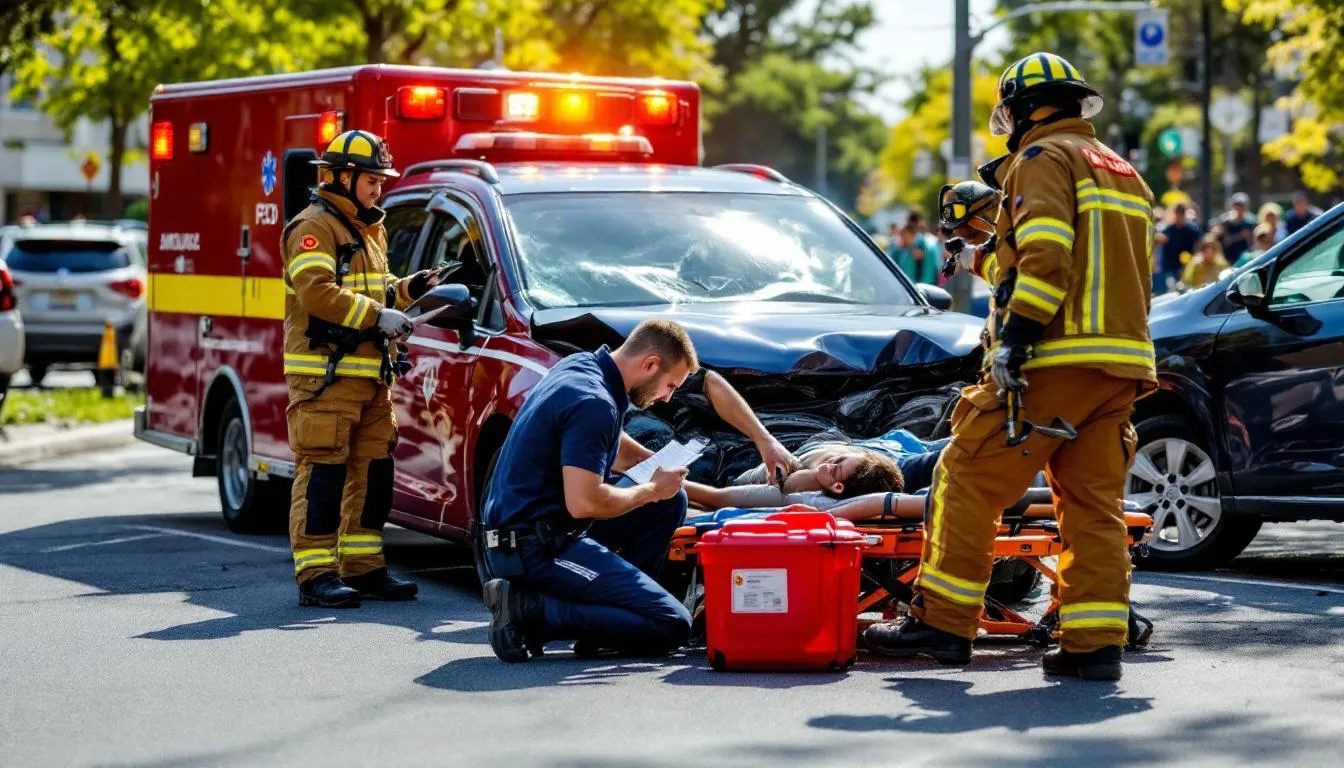 Auto Car Accident Lawyer: Your Complete Guide to Legal Representation After a Crash 4 Emergency responders are providing medical attention to individuals involved in a serious car accident at the accident scene, highlighting the urgent need for medical care after car crashes. This situation often leads to car accident claims and may require the assistance of an experienced car accident lawyer to navigate the legal process and seek fair compensation for injuries and damages.