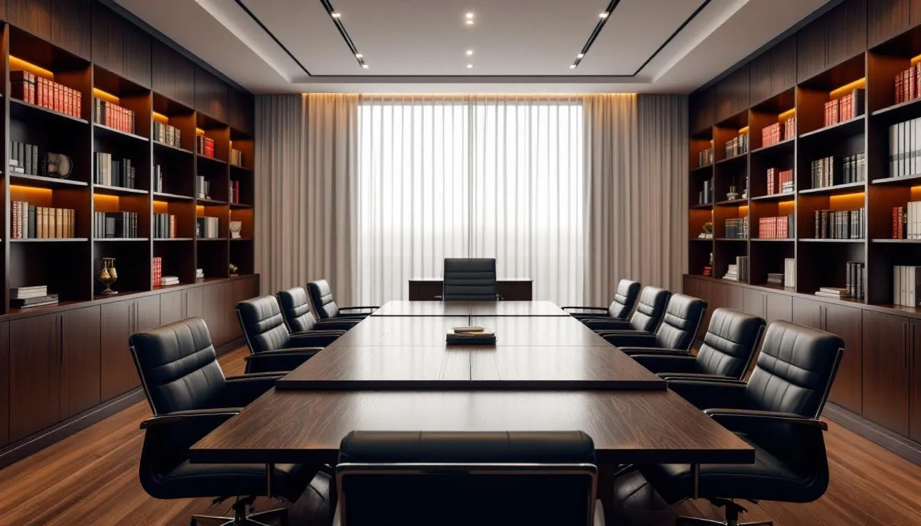 The image depicts a professional consultation room in a law firm, designed for meetings with clients seeking legal representation for personal injury cases. The room features a large conference table, comfortable chairs, and legal documents, creating an inviting atmosphere for discussing personal injury claims and the legal process involved in securing financial compensation for injury victims.