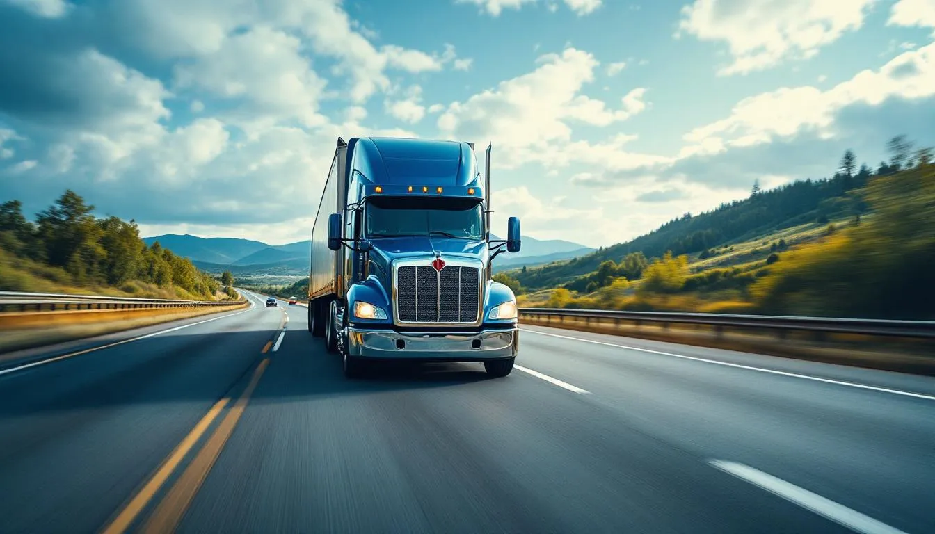 A commercial truck is driving along an interstate highway, showcasing the importance of maintaining a clean driving record for CDL holders. This image highlights the role of commercial drivers in adhering to federal regulations and the potential impact of traffic offenses on their commercial driving privileges.