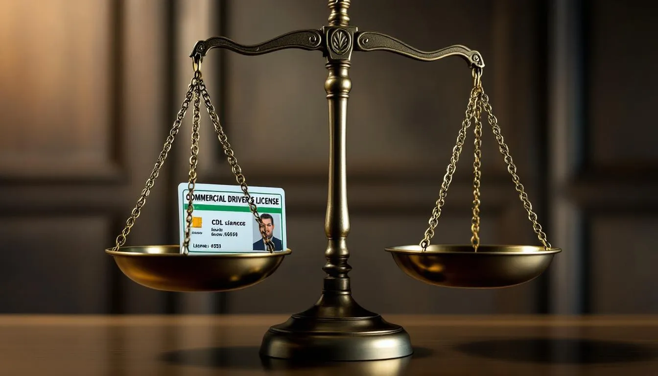 The image depicts a set of legal scales balanced alongside a commercial driver's license, symbolizing the importance of legal representation for CDL holders facing potential cdl violations or traffic offenses. This visual emphasizes the need for truck drivers to protect their commercial driving privileges and maintain a clean driving record.