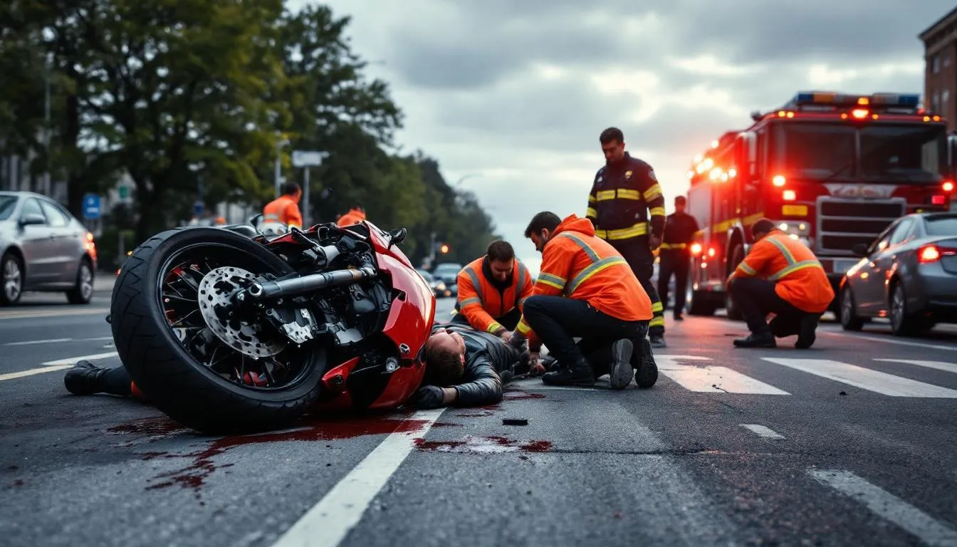 The image depicts a motorcycle accident scene at an intersection, with emergency responders attending to the injured riders. This situation highlights the serious nature of motorcycle accidents and the importance of seeking legal representation from experienced motorcycle accident attorneys for personal injury claims.