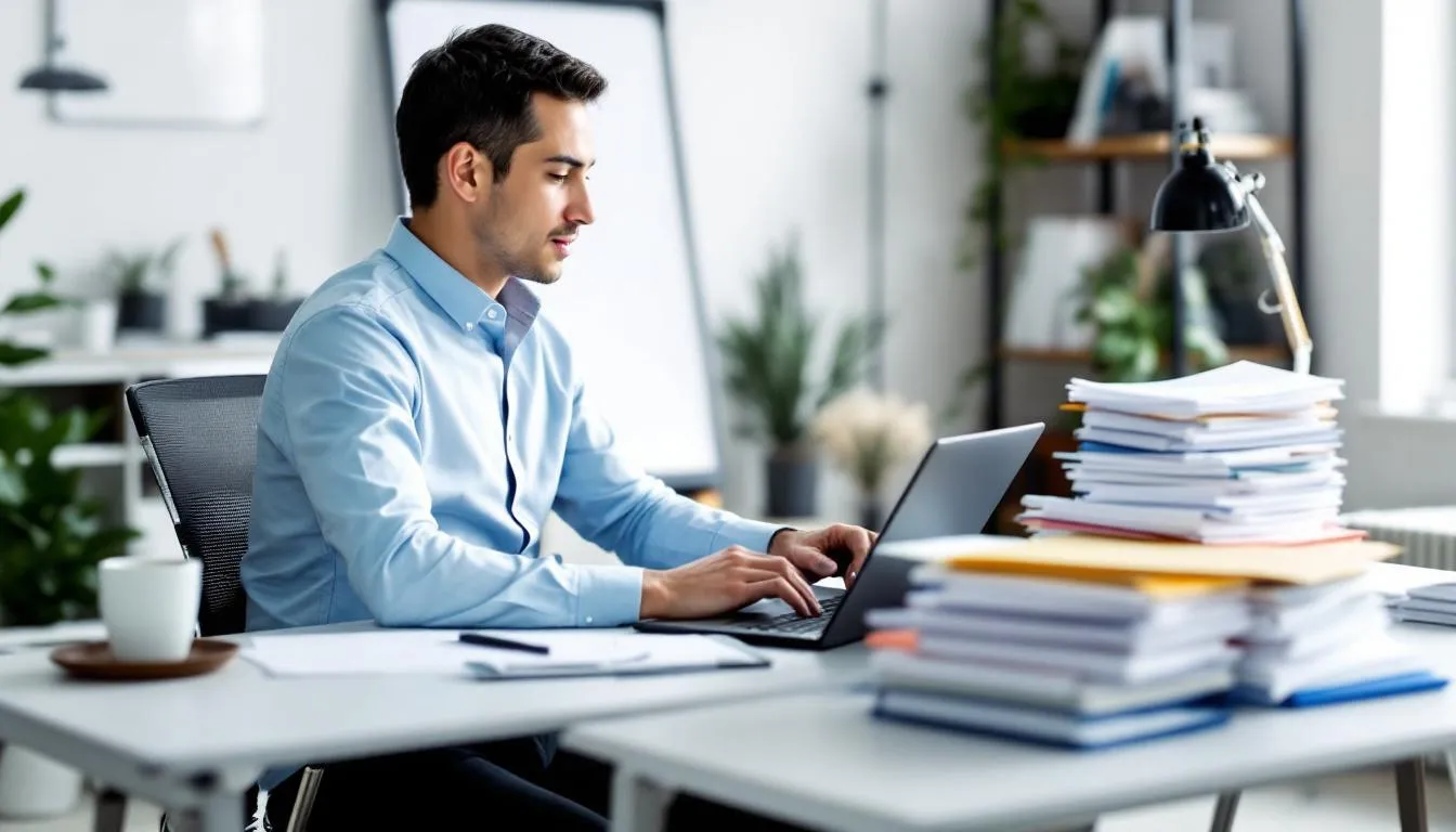 A person is seated at a desk, reviewing safety documentation on a computer while surrounded by a filing system. The scene emphasizes the importance of incident reports and workplace safety in preventing future accidents and ensuring timely medical attention for injured workers.
