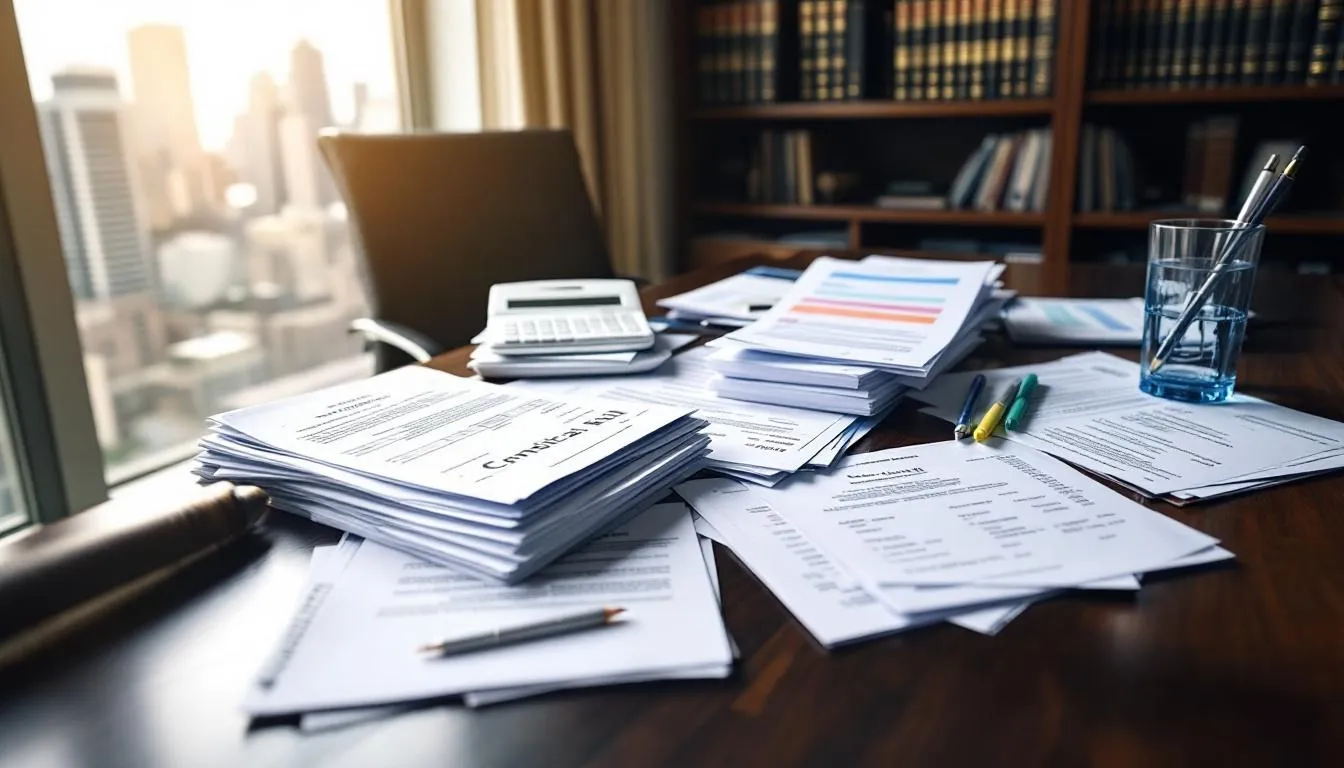 The image depicts a cluttered attorney's desk featuring medical bills, various legal documents, and a calculator, symbolizing the complexities of handling personal injury cases. This scene reflects the diligent work of experienced personal injury attorneys in managing financial compensation claims for injury victims.