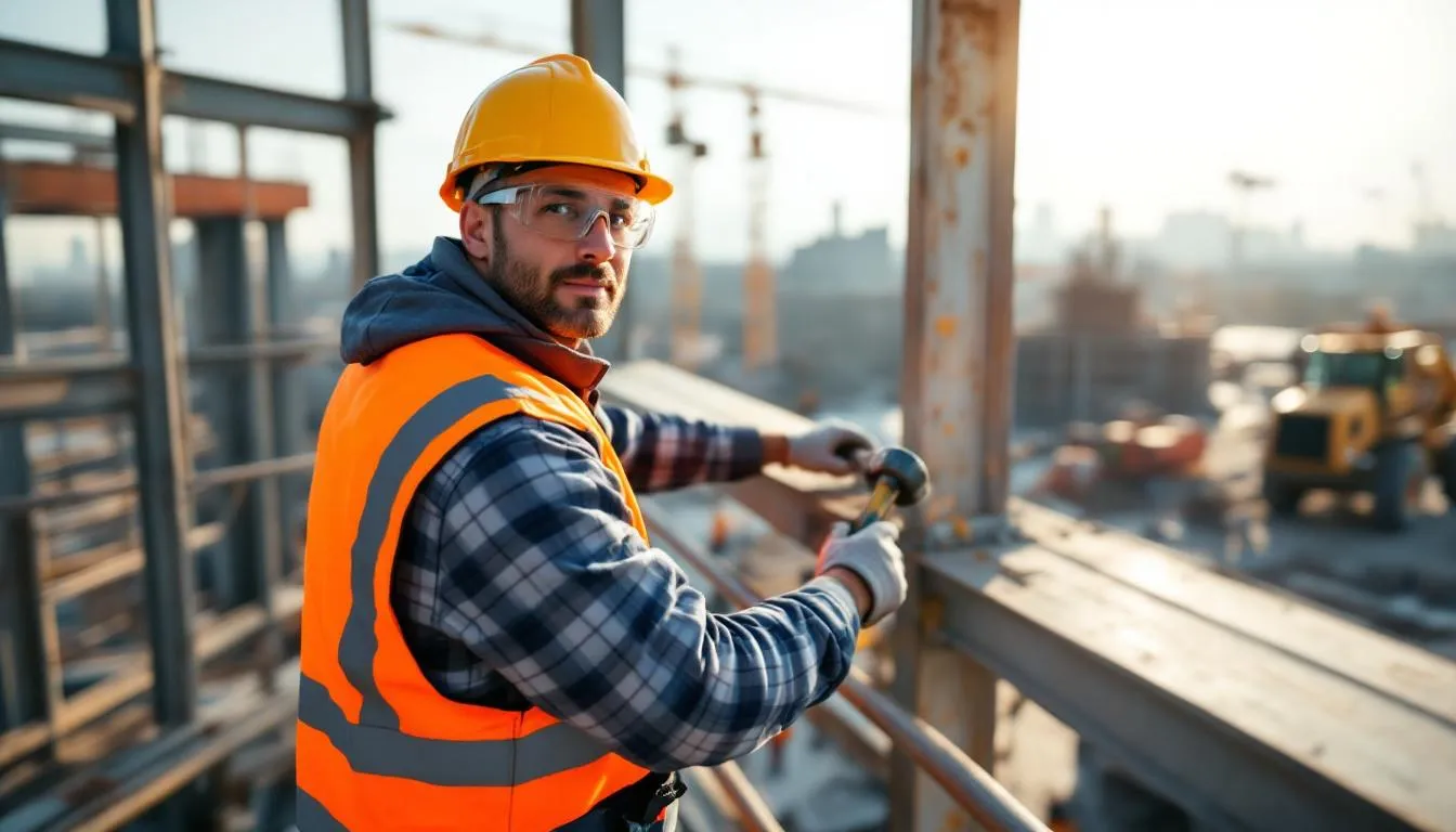 A construction worker is seen wearing a hard hat, safety goggles, and a reflective vest while working on a building site, emphasizing the importance of occupational safety to prevent workplace injuries. This image highlights the necessary precautions that help protect workers from job-related injuries and ensure their well-being on the job.