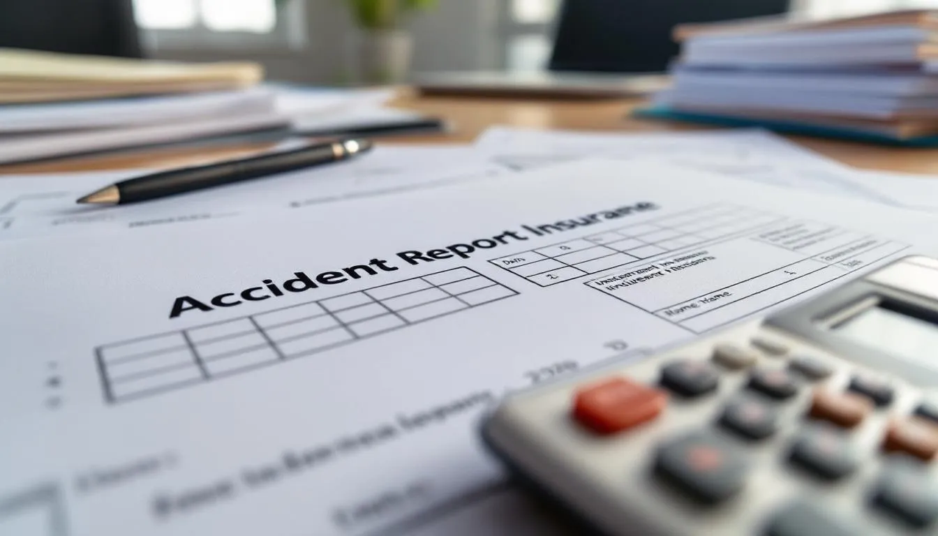 The image depicts a collection of insurance paperwork, including accident report forms and a calculator, arranged on a desk. This setup is often used by boat operators and insurance companies to process claims related to boating accidents, serious injuries, and medical expenses.