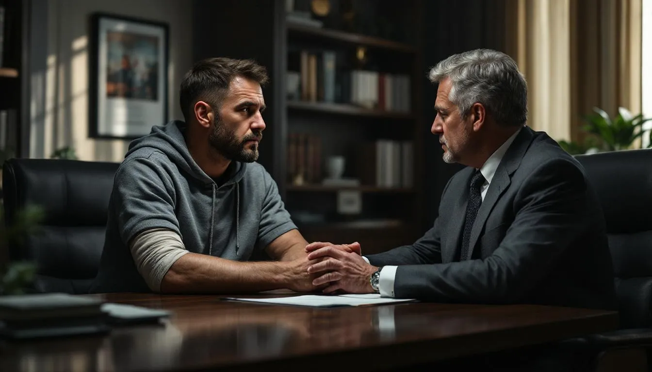 Rear Ended by Semi Truck Settlement: What to Expect in 2024 4 The image depicts a legal consultation meeting between a personal injury attorney and a truck accident victim, discussing the details of a truck accident claim. The attorney is providing guidance on potential settlement amounts for serious injuries, including traumatic brain injuries and neck injuries, while addressing the victim's concerns about mounting medical bills and lost wages.
