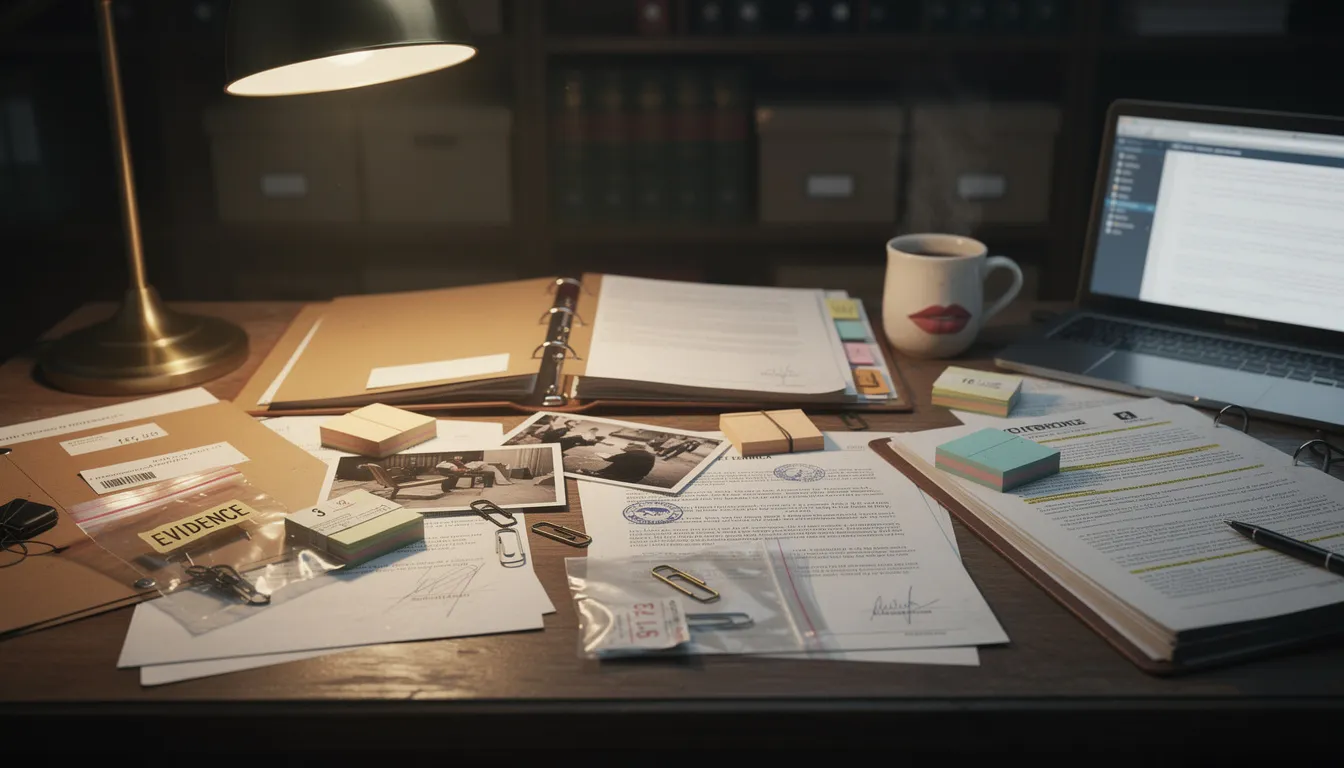The image shows a cluttered desk filled with legal documents, evidence files, and investigative materials related to a semi truck accident, possibly involving the metro Nashville police department. Various papers and photos are spread out, indicating an ongoing investigation into the collision that occurred on the Briley Parkway exit ramp.