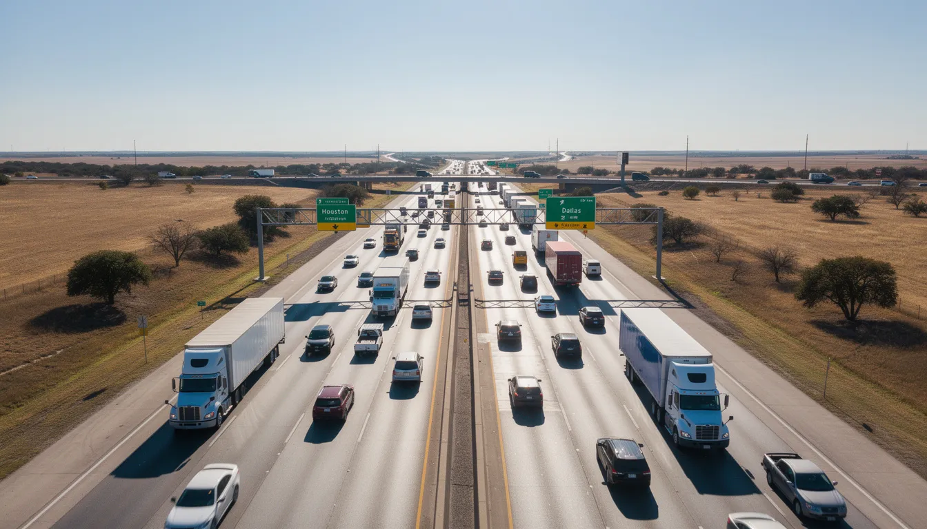 The image depicts a busy Texas interstate highway filled with multiple lanes of traffic, including several commercial trucks and semi-trucks. The scene reflects the hustle of daily travel in North Texas, highlighting the importance of public safety and the potential for major accidents involving numerous vehicles.