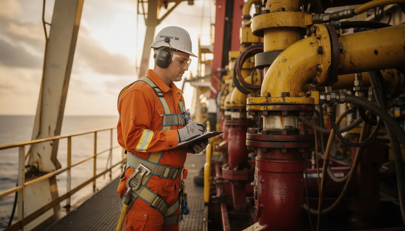 An offshore platform worker, equipped with safety gear and a hard hat, is inspecting drilling machinery on an oil rig. The scene emphasizes the importance of safety in the offshore drilling industry, particularly in light of past incidents like the Deepwater Horizon oil spill.