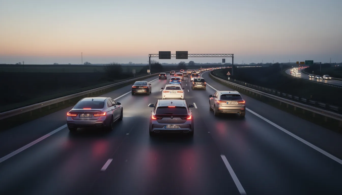 Cars driving with safe following distance on a highway after a recent fatal road accident highlighted the need for careful driving