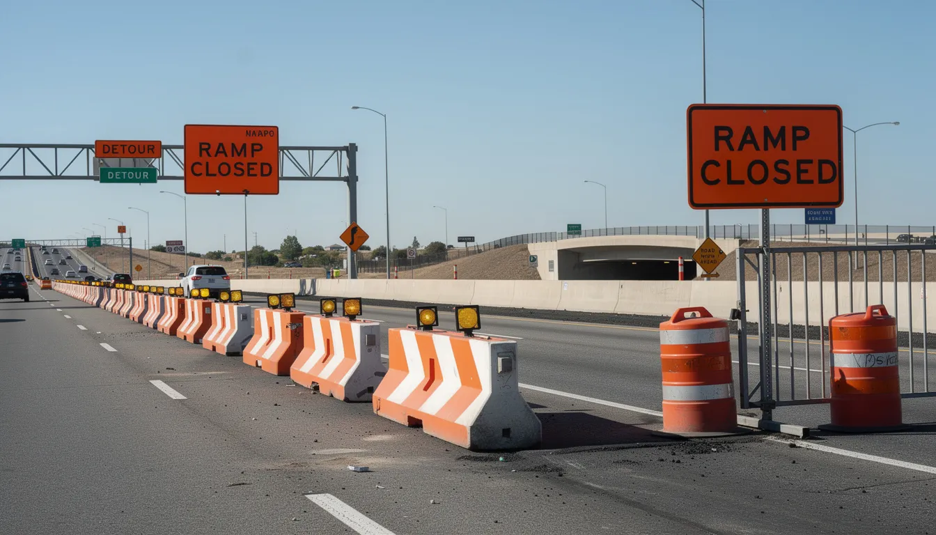 The image shows highway construction barriers and closed ramp signs, indicating ongoing work and traffic disruptions on US 131 in Grand Rapids. The scene suggests potential delays and safety measures in place due to a recent semi truck crash that has affected the southbound lanes.