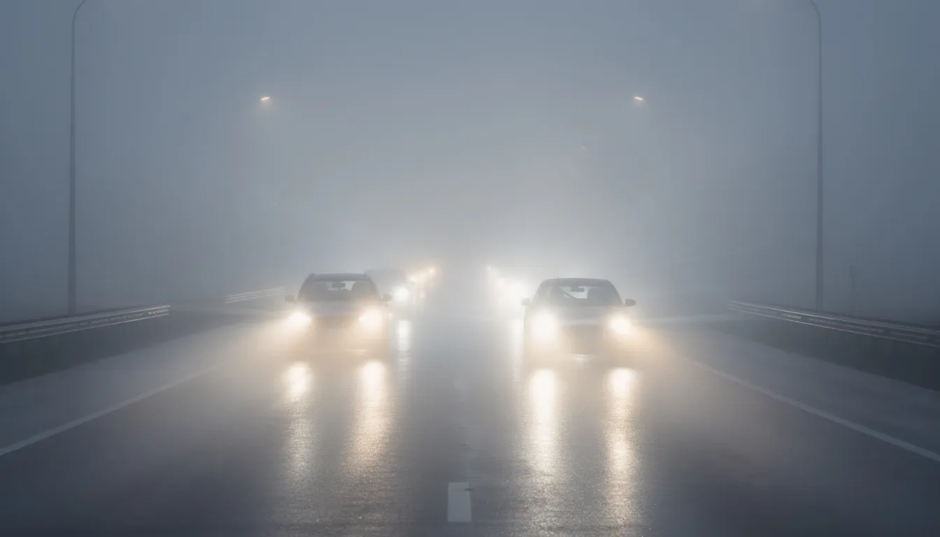 A foggy highway scene shows low visibility, with headlights piercing through the mist, indicating potential hazards for drivers. This image highlights the importance of crash records and safety on Texas roadways, particularly in conditions that could lead to accidents.