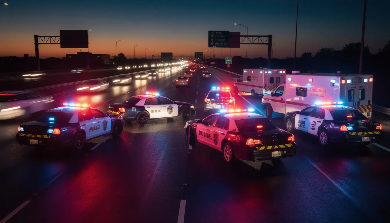The image depicts emergency vehicles with flashing lights on a highway at dusk, responding to a serious accident. Law enforcement officers and emergency crews are present at the scene, indicating a crash that may have resulted in injuries or fatalities.