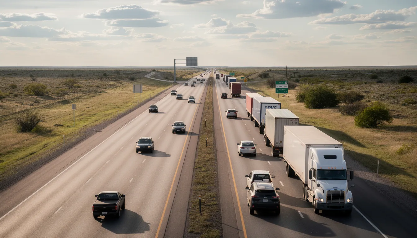 Truck Accidents in Texas: Understanding Your Rights and Legal Options 1 The image depicts a Texas highway bustling with multiple commercial trucks, including semi trucks and delivery trucks, alongside various passenger vehicles. This scene illustrates the heavy traffic often associated with trucking companies, highlighting the potential for truck accidents and the importance of public safety on the roads.