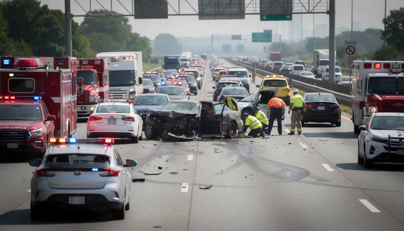The image depicts an accident scene on a highway, featuring emergency vehicles responding to a collision involving a semi truck, while traffic is backed up significantly. Investigators from the Metro Nashville Police Department are on-site, assessing the situation where a semi truck driver died, and several others sustained non-life threatening injuries.