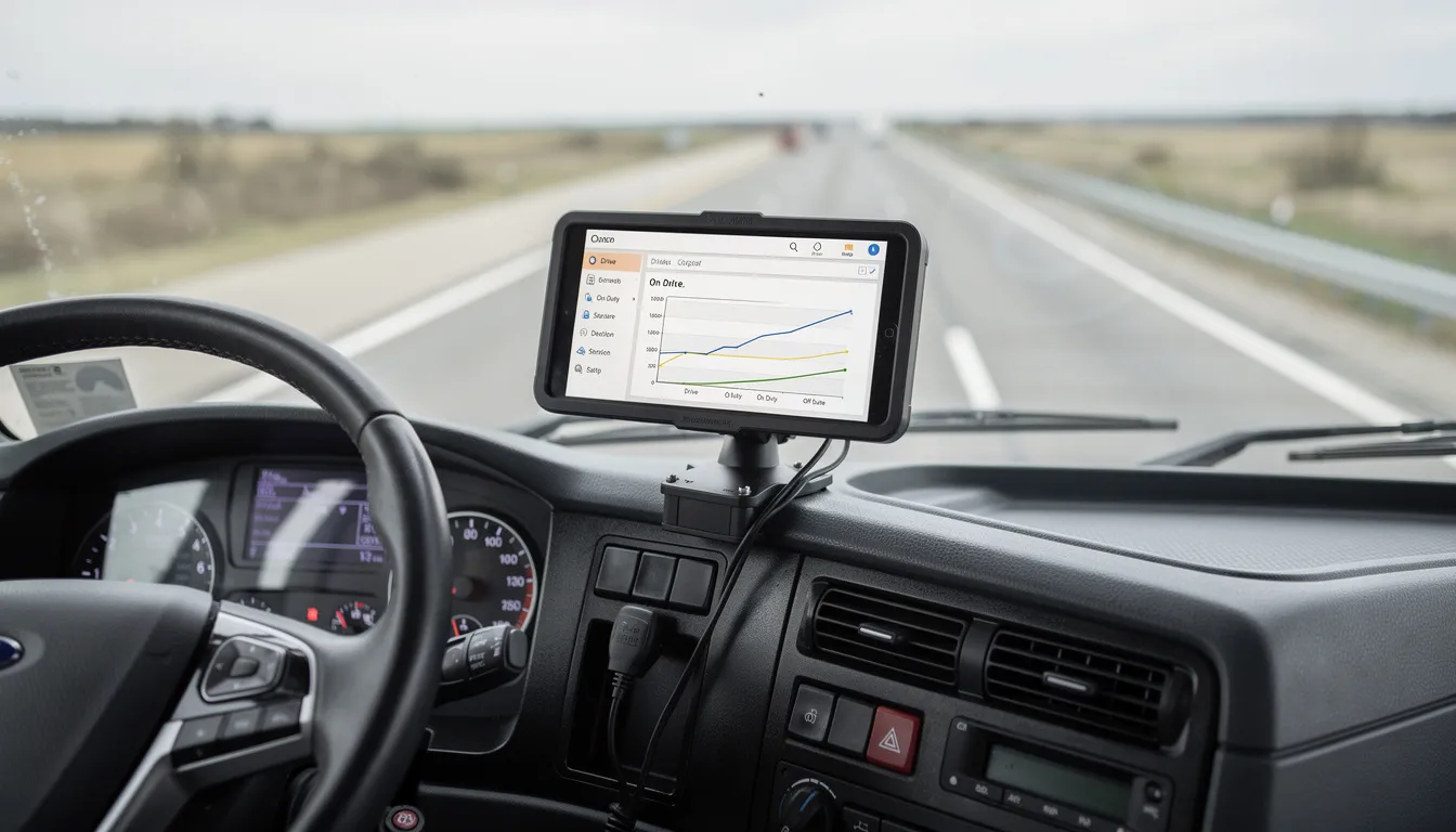 The image shows an electronic logging device mounted inside a semi truck cab, providing essential data for tracking driving hours and vehicle performance. The device is part of the truck's equipment, ensuring compliance with regulations and enhancing safety during operations.