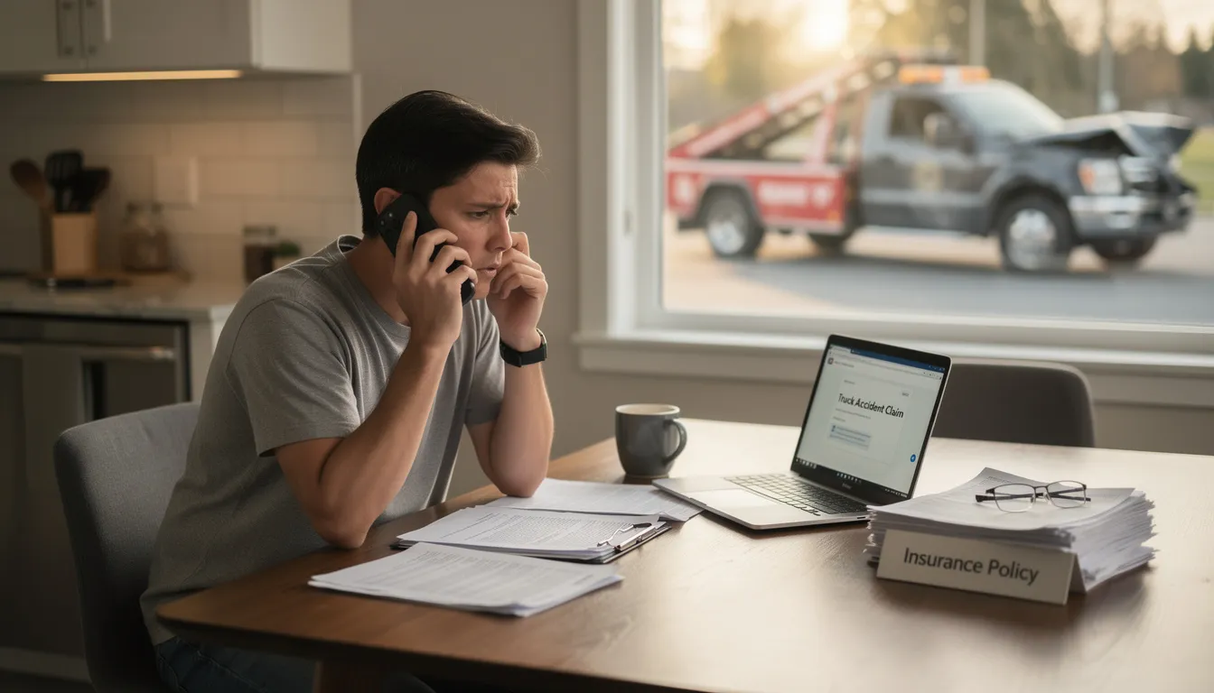 A person is on the phone consulting with a legal professional about the details of a tractor trailer accident that occurred on a Texas highway, discussing the injuries and the drivers involved in the crash. The scene captures the seriousness of the situation as they seek guidance on the next steps following the accident.