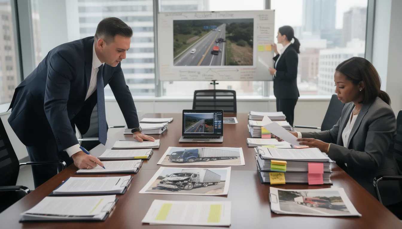 A legal team is gathered around a conference table, reviewing documents and evidence related to a semi truck accident case. They are focused on details that may involve the trucking company and the drivers involved in the tragic crash, emphasizing the importance of public safety and thorough investigation.
