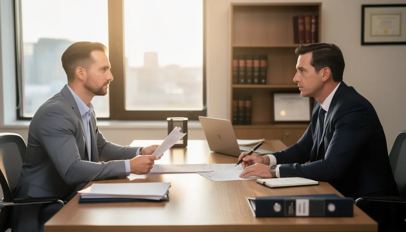 A professional meeting takes place between an attorney and a client, who are seated at a desk reviewing important documents. The atmosphere is focused and serious, reflecting the legal nature of their discussion.