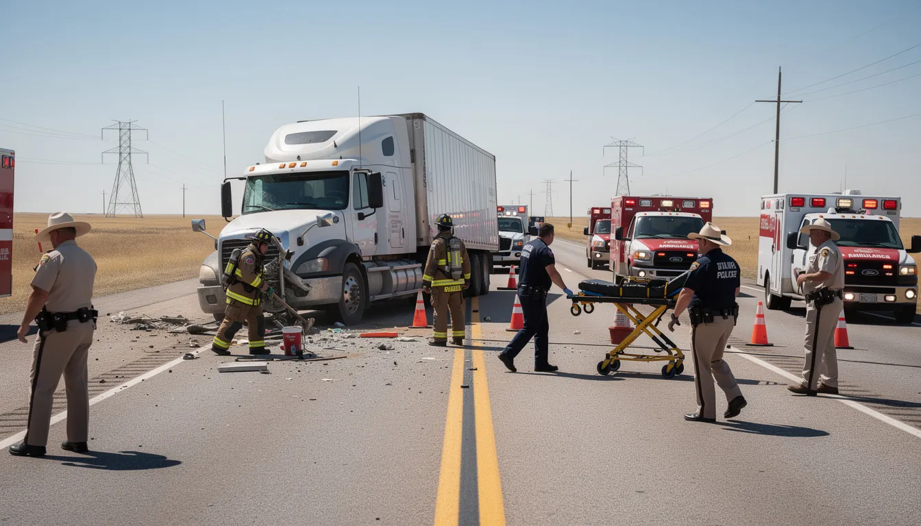 Emergency responders are actively working around a damaged semi truck on a Texas highway, attending to the scene of a tractor trailer accident. The area is marked by police vehicles and emergency equipment as first responders focus on ensuring public safety and assisting the drivers involved.