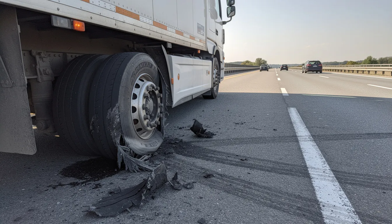 A semi truck is seen on the highway shoulder with a blown tire, partially wedged against a concrete wall. The scene indicates a crash happened, causing snarled traffic on the left lanes of US 131 southbound, as police and cleanup crews work to manage the situation.