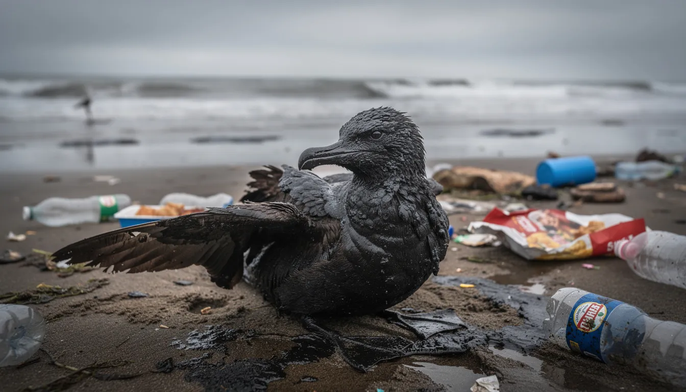 A seabird, heavily coated in dark oil, rests on a polluted beach littered with tar balls and debris, highlighting the devastating impact of oil spills, such as the Deepwater Horizon disaster, on marine life and coastal ecosystems. The grim scene serves as a stark reminder of the consequences of offshore drilling and the oil industry.