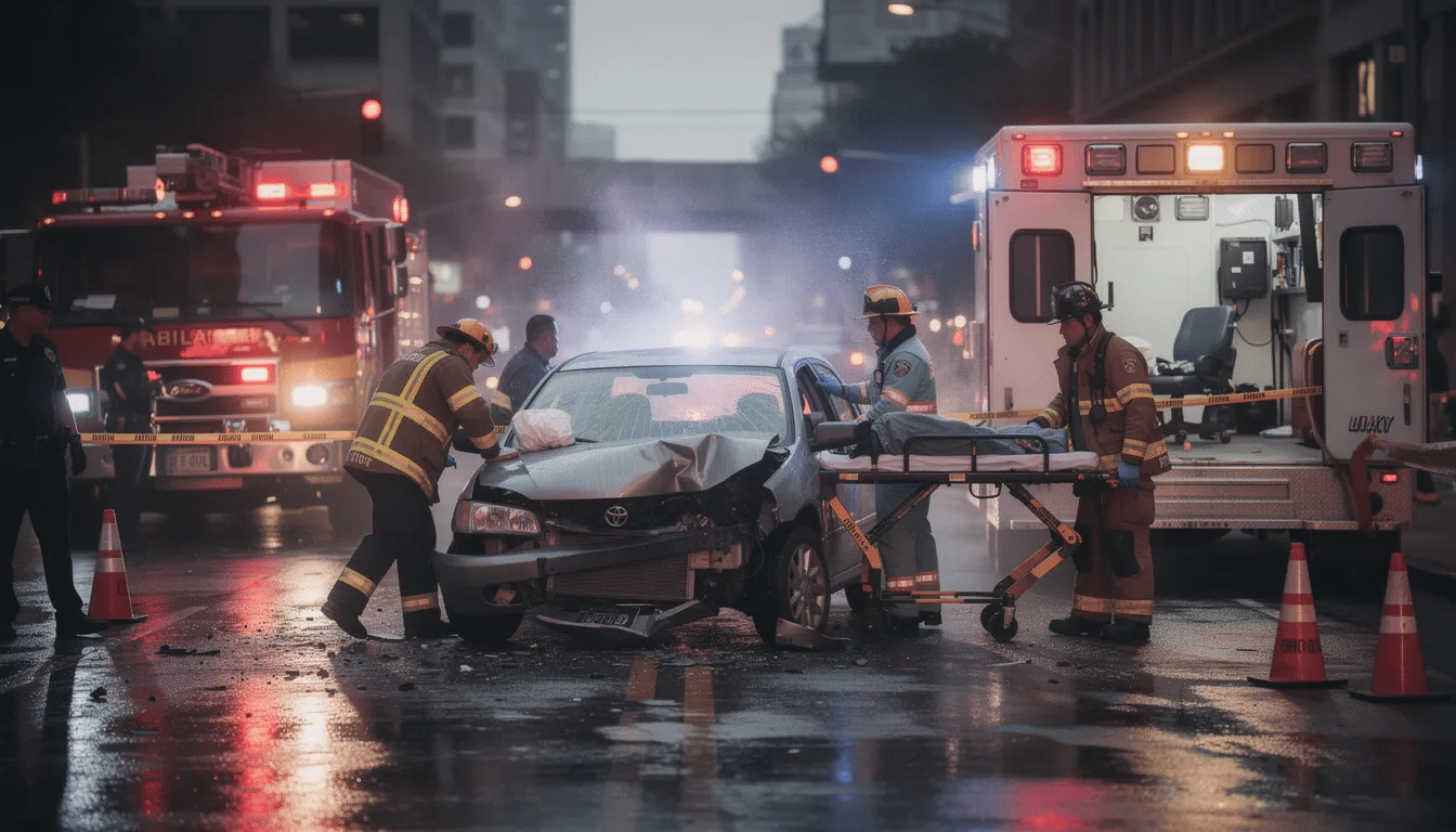 Emergency responders are on the scene of a vehicle accident involving a large truck and several passenger vehicles, including a fire truck and an ambulance. The incident appears serious, with officials assessing injuries and potential fatalities among the occupants involved in the crash.