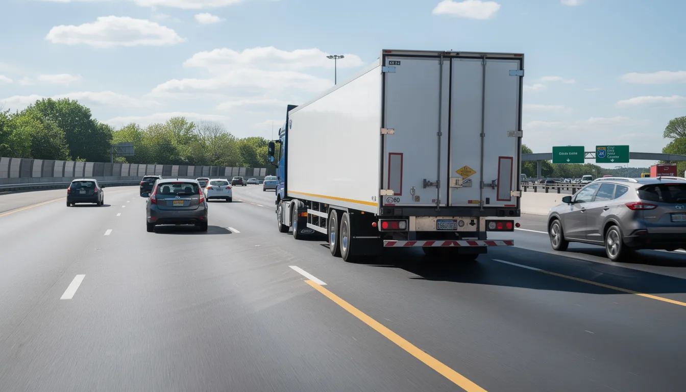 A semi truck is driving on a multi-lane highway during the daytime, surrounded by various vehicles including cars and SUVs. The scene captures the busy traffic flow, highlighting the presence of large trucks on the road, which can be involved in serious accidents or chain reaction crashes that may lead to injuries.