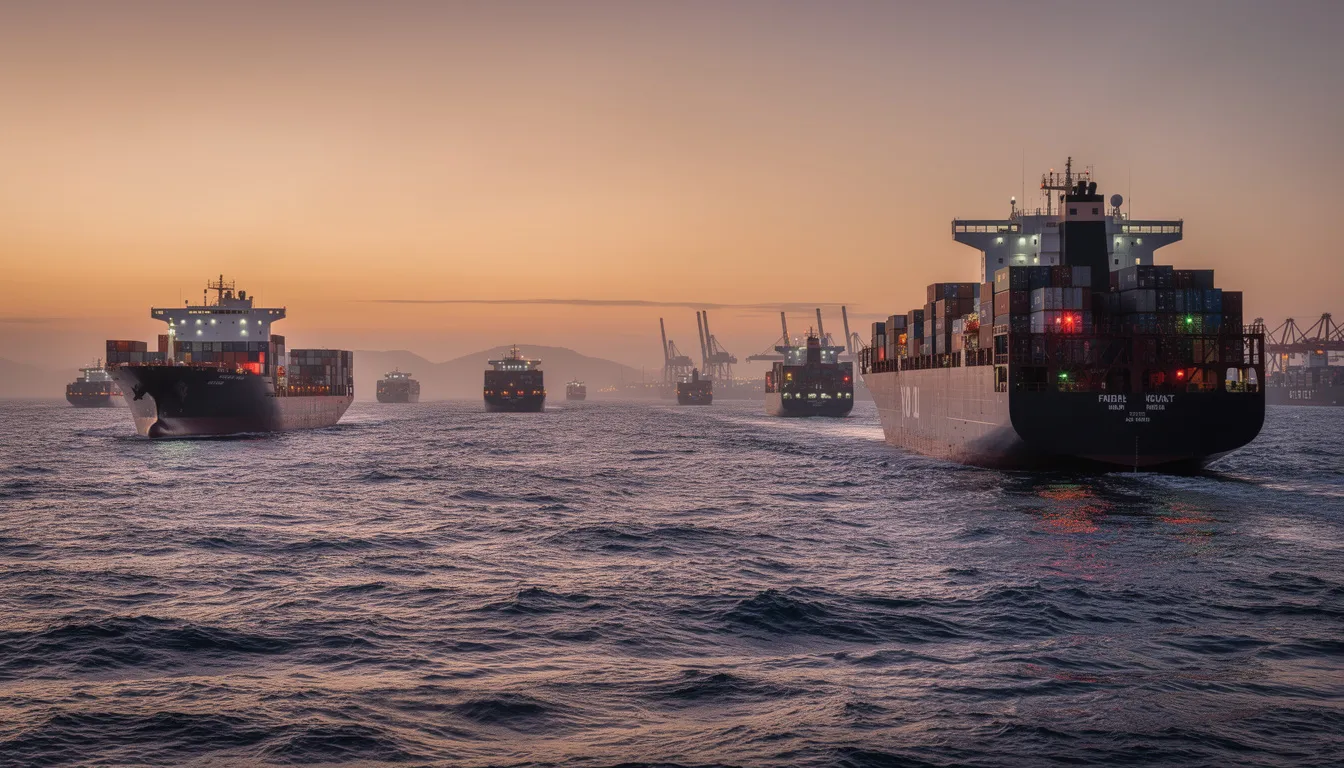 Cargo ships crash: North Sea collision between MV Solong and MV Stena Immaculate 4 At dusk, a busy shipping lane is depicted with multiple cargo ships and oil tankers, including a Portuguese flagged container ship and a US flagged tanker, navigating through the North Sea. The scene captures the hustle of maritime traffic, highlighting the importance of these vessels in transporting goods and fuel, such as jet fuel and sodium cyanide, amidst the backdrop of a fading sunset.