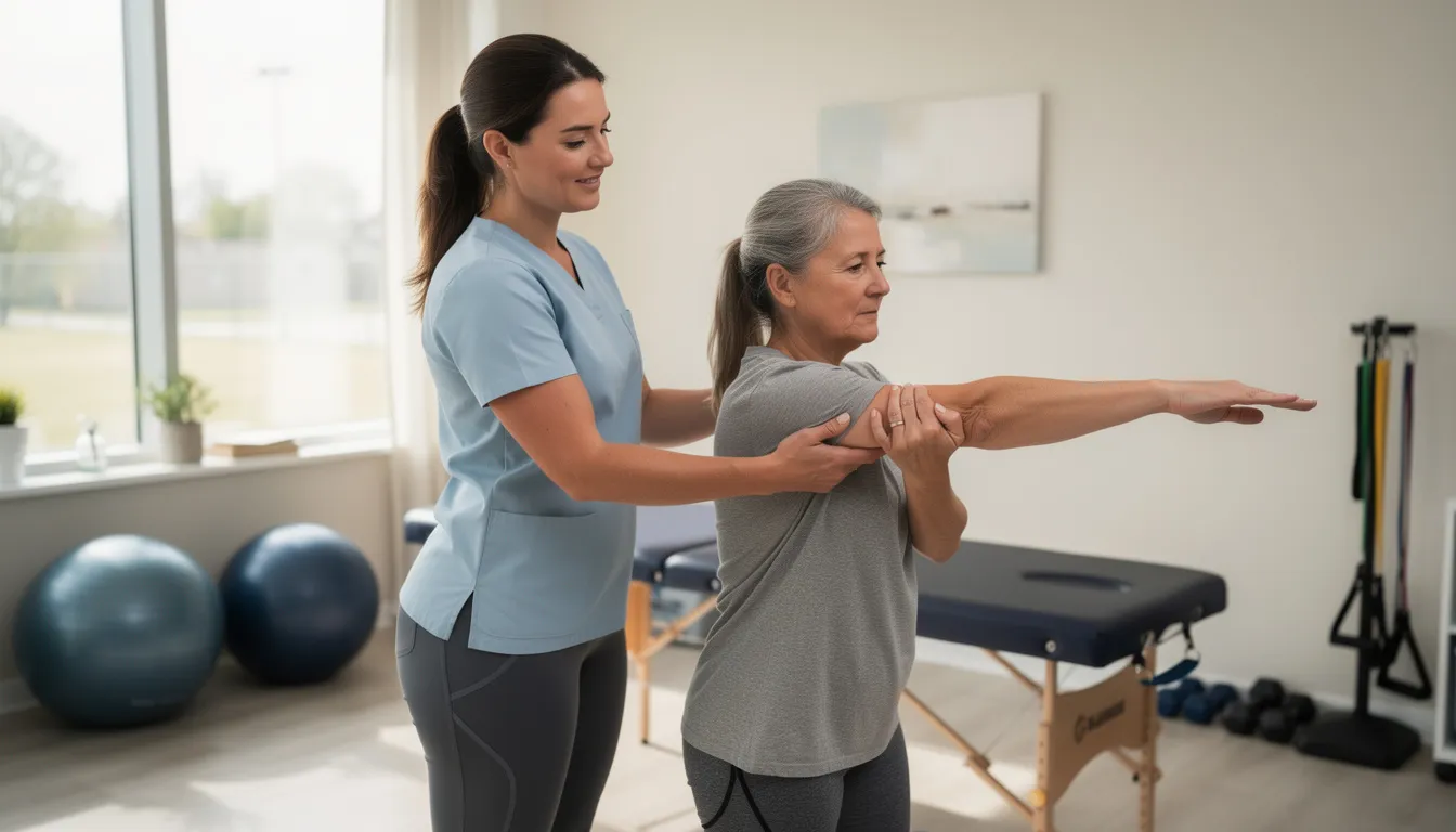 A physical therapist is assisting a patient with exercises aimed at recovery from a workplace injury, highlighting the importance of medical care and rehabilitation for injured workers. This interaction emphasizes the workers' compensation process and the need for immediate medical attention following work-related accidents.
