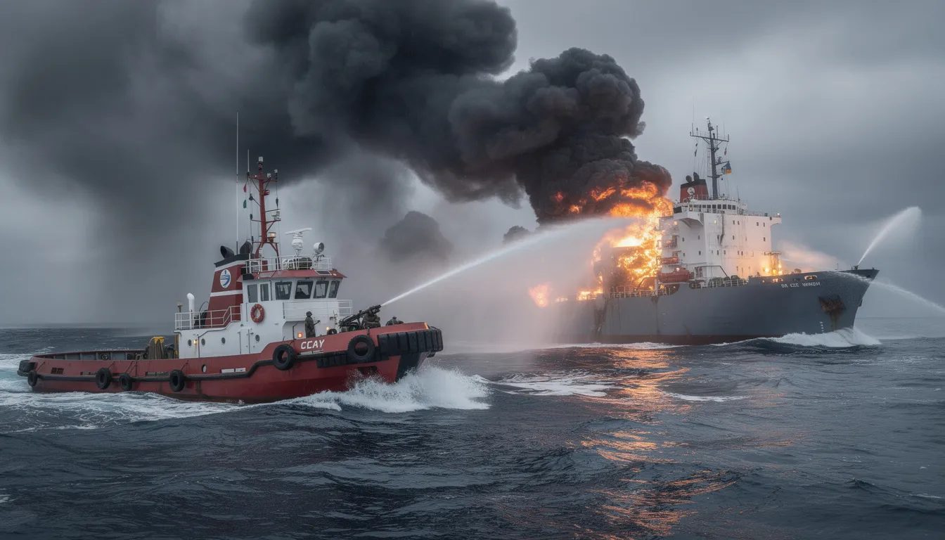 Cargo ships crash: North Sea collision between MV Solong and MV Stena Immaculate 3 A tugboat sprays water onto a burning cargo ship, with thick smoke billowing against a grey sky, highlighting the urgent rescue efforts following a maritime accident. The scene captures the dramatic moment as crew members work to control the flames on the Portuguese flagged container ship, which is carrying jet fuel.