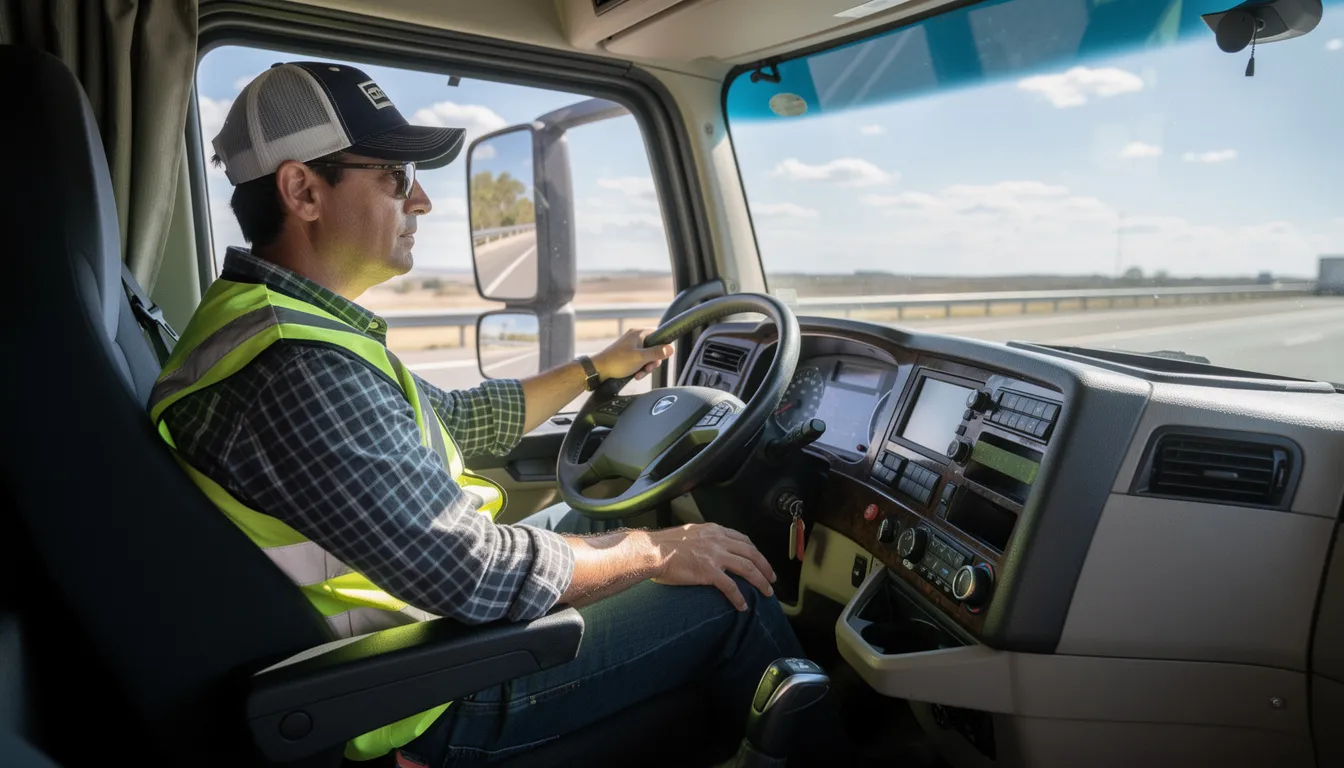 The image shows a commercial truck driver sitting in the cab of a semi truck during daylight, with a focus on the driver's concentration as they navigate the road. The scene captures the essence of large trucks on the highway, highlighting the importance of safety and awareness in driving to avoid fatal crashes and serious injuries.