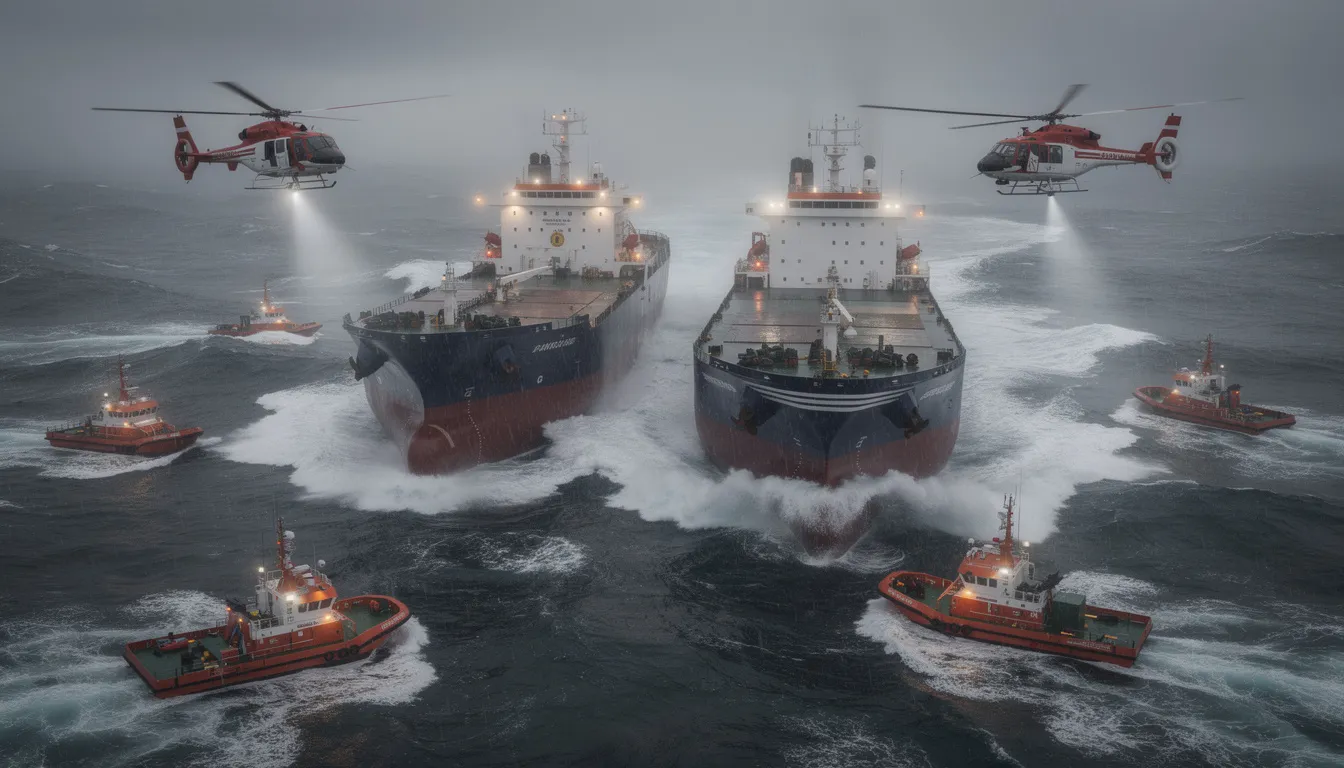 Cargo ships crash: North Sea collision between MV Solong and MV Stena Immaculate 1 An aerial view captures two large cargo ships in the rough grey seas of the North Sea, surrounded by emergency vessels and helicopters engaged in rescue efforts following a ship crash. The scene highlights the significant damage sustained by the vessels, as the ongoing incident involves a search for a missing crew member amidst the chaotic maritime environment.