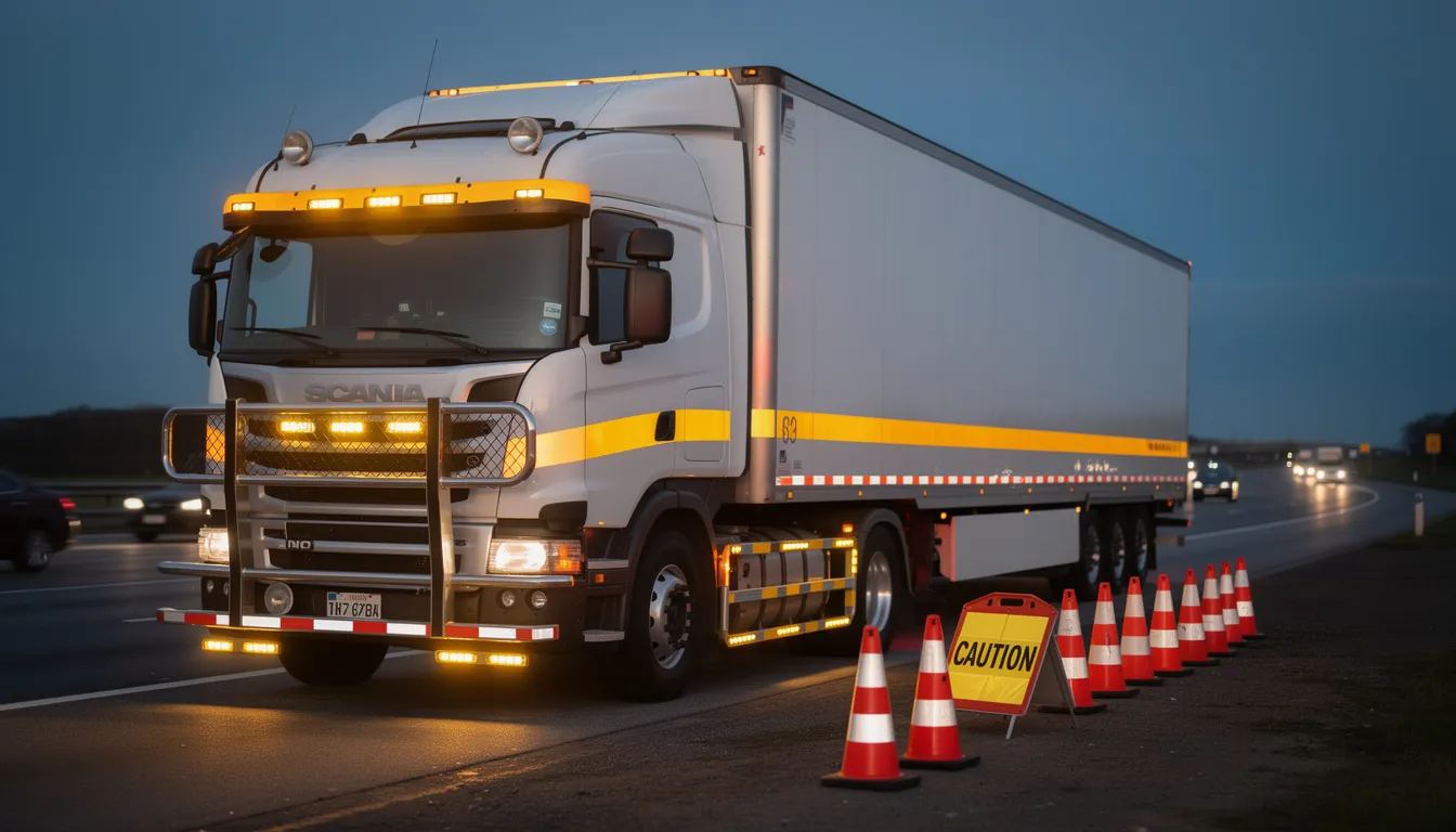 The image shows a commercial truck equipped with safety features, including flashing yellow and red warning lights, parked on a highway. The scene suggests a recent incident involving the truck driver, possibly related to a crash that happened in south Harris County, with first responders present at the location.
