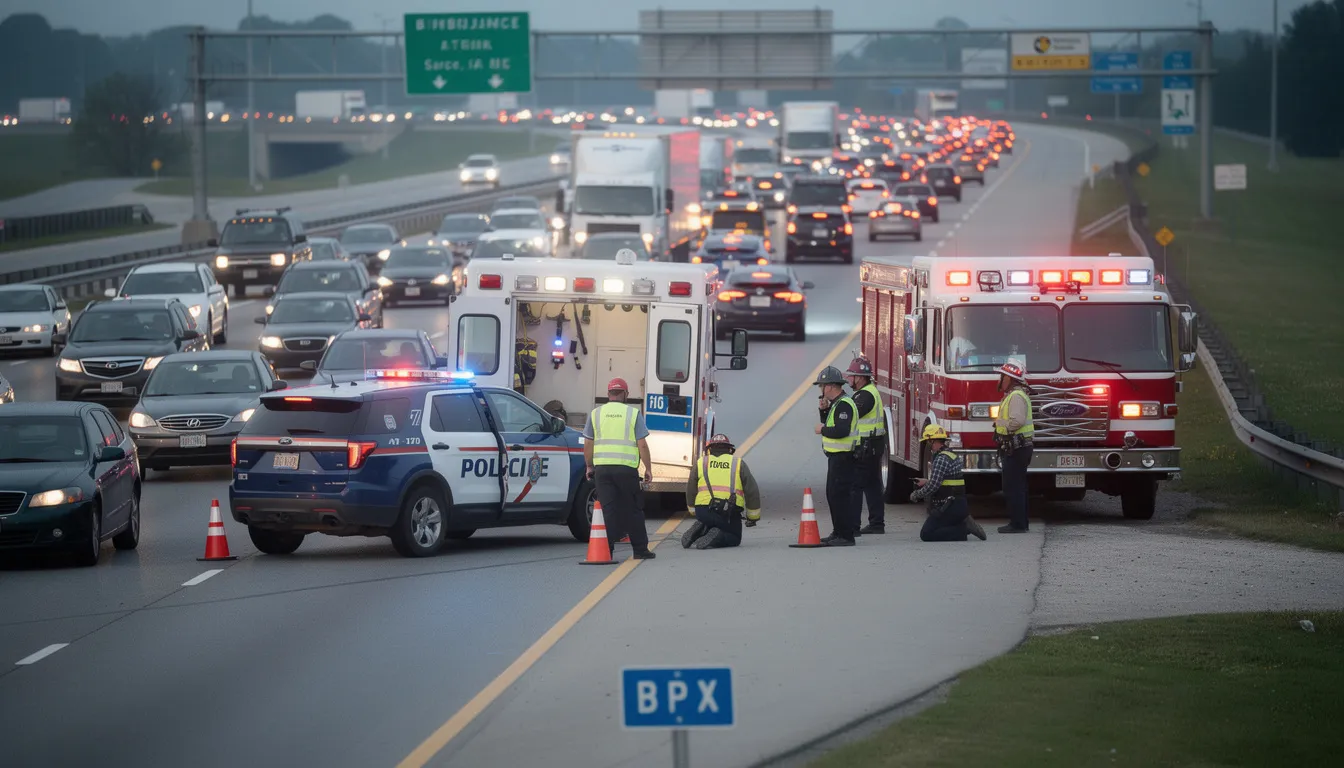 The image shows emergency vehicles at the scene of a highway incident, with traffic backed up in the background, indicating potential delays due to multiple crashes. This scenario highlights the importance of crash data and records maintained by the Texas Department of Transportation for public safety on Texas roadways.