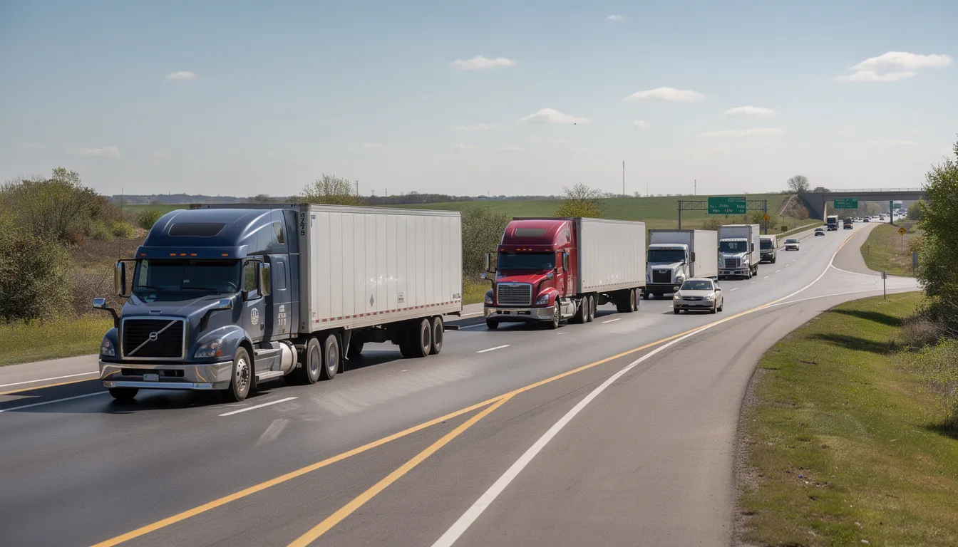 The image depicts a busy interstate scene during the daytime, with multiple semi trucks driving along the roadway. The highway is bustling with traffic, showcasing the movement of large trucks and passenger vehicles, indicative of a typical day on the highway.