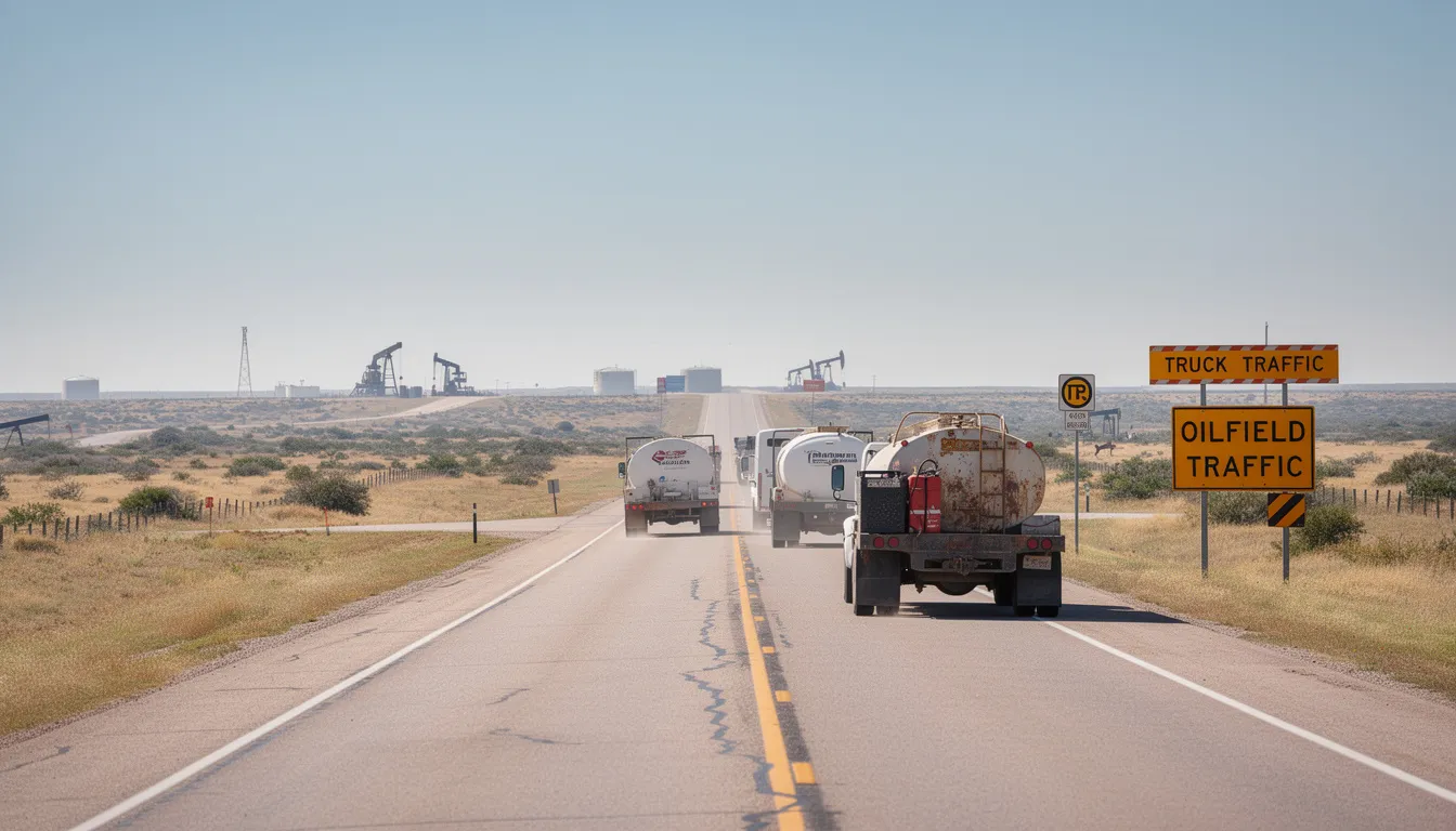 The image depicts a rural two-lane highway in Texas, lined with oil industry trucks and warning signs, highlighting the presence of commercial vehicles. The scene suggests a focus on public safety, possibly in connection with the Texas Department of Public Safety's efforts to monitor traffic and prevent major accidents.