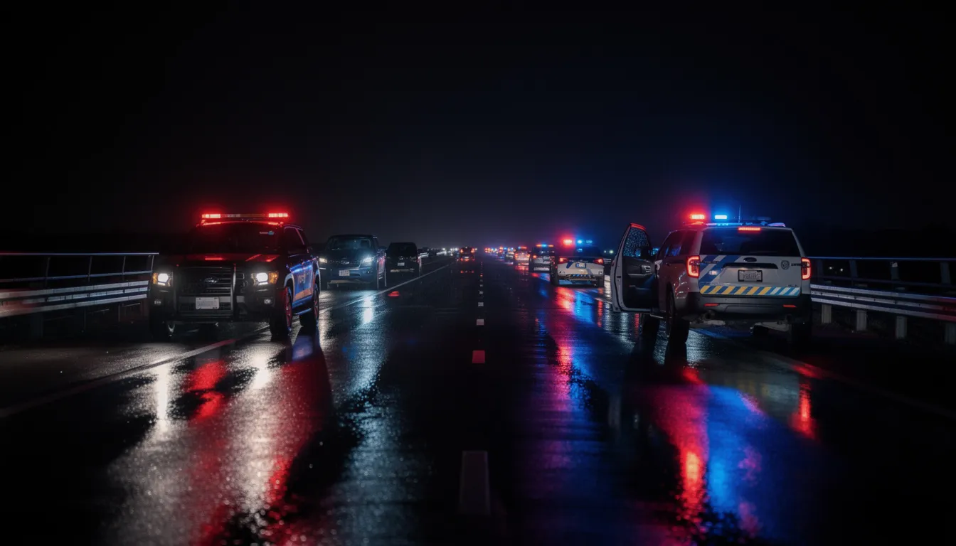 Fatal road accident on a Houston highway with emergency lights and multiple vehicles stopped in the northbound lanes