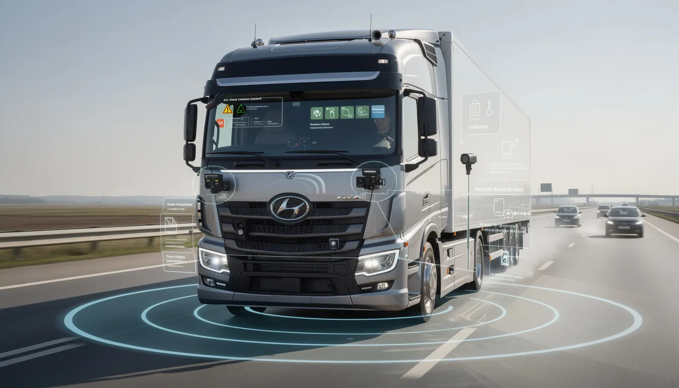 The image depicts a modern semi truck equipped with advanced safety technology and collision avoidance systems, emphasizing its role in enhancing public safety for truck drivers on Texas highways. The truck's sleek design and high-tech features reflect the ongoing efforts of trucking companies to reduce the risk of major accidents and improve the safety of commercial vehicles.