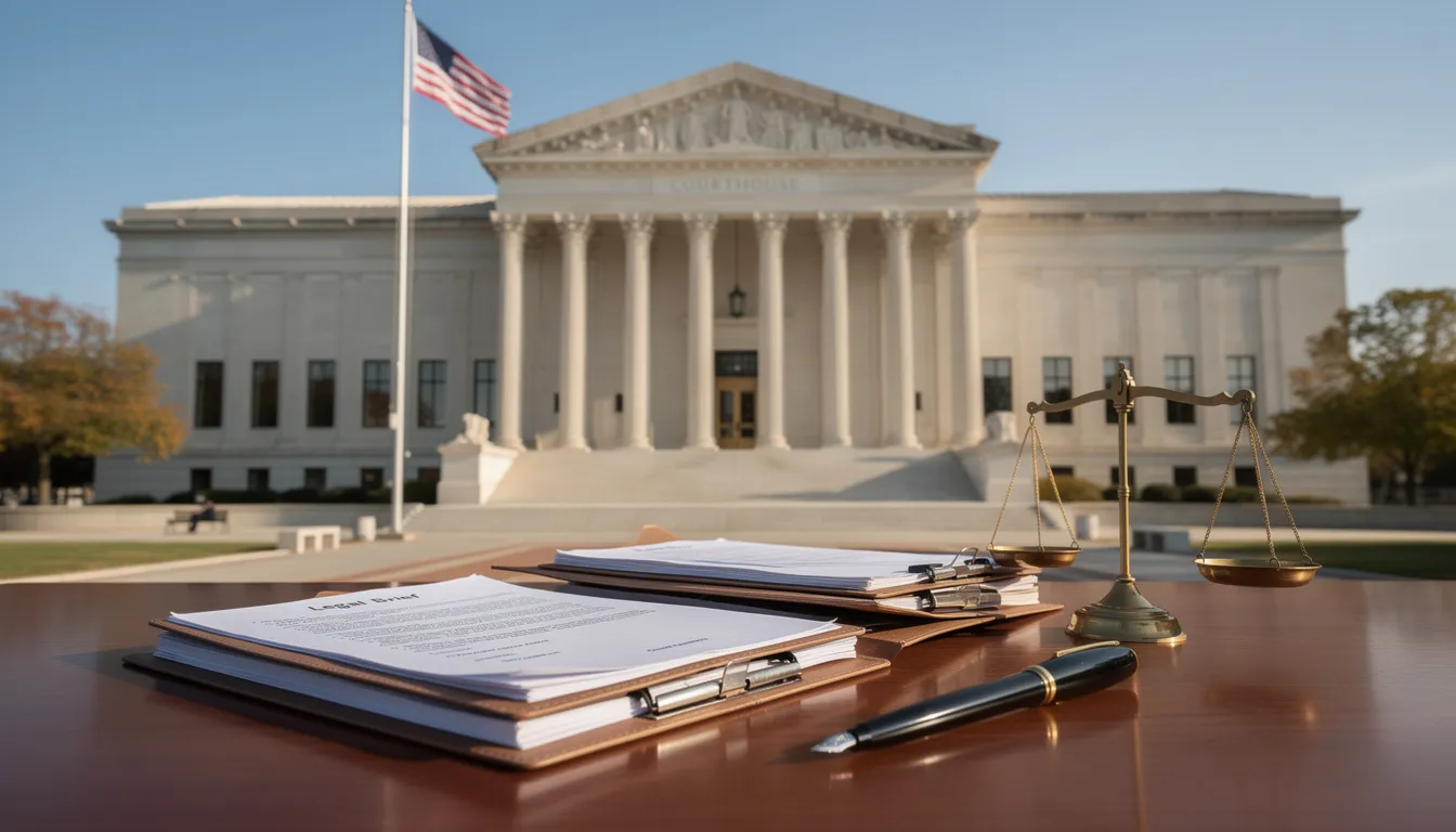 Commercial Vehicle Accident Settlement Texas: What You Need to Know in 2024 3 The image depicts a set of legal documents placed on a wooden table in front of a grand courthouse building, symbolizing the process of filing a truck accident claim. The scene conveys the seriousness of commercial vehicle accidents and the importance of seeking fair compensation through a knowledgeable Texas truck accident lawyer.