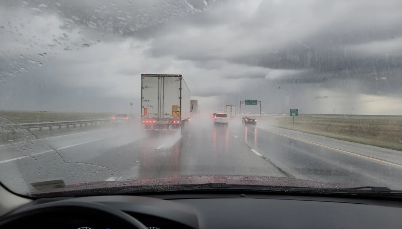 The image depicts a Texas highway experiencing heavy rain, significantly reducing visibility and impacting truck traffic. Semi trucks are seen cautiously navigating the wet road, highlighting the challenging conditions that could lead to potential accidents.