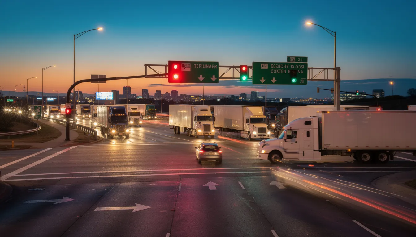 The image depicts a busy highway intersection in South Harris County during the evening, filled with commercial trucks, including an 18-wheeler, and illuminated traffic lights showing a yellow light. The scene captures the potential for a crash to happen, as first responders may be on alert for any incidents involving truck drivers and other vehicles.