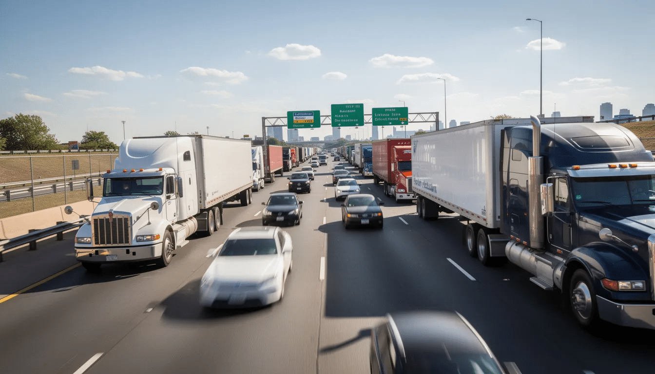 A busy interstate highway is filled with semi trucks and passenger vehicles driving in daylight, showcasing the typical traffic scene. The image captures the dynamic flow of large trucks and cars, emphasizing the importance of safety on the roads to prevent incidents involving large trucks.